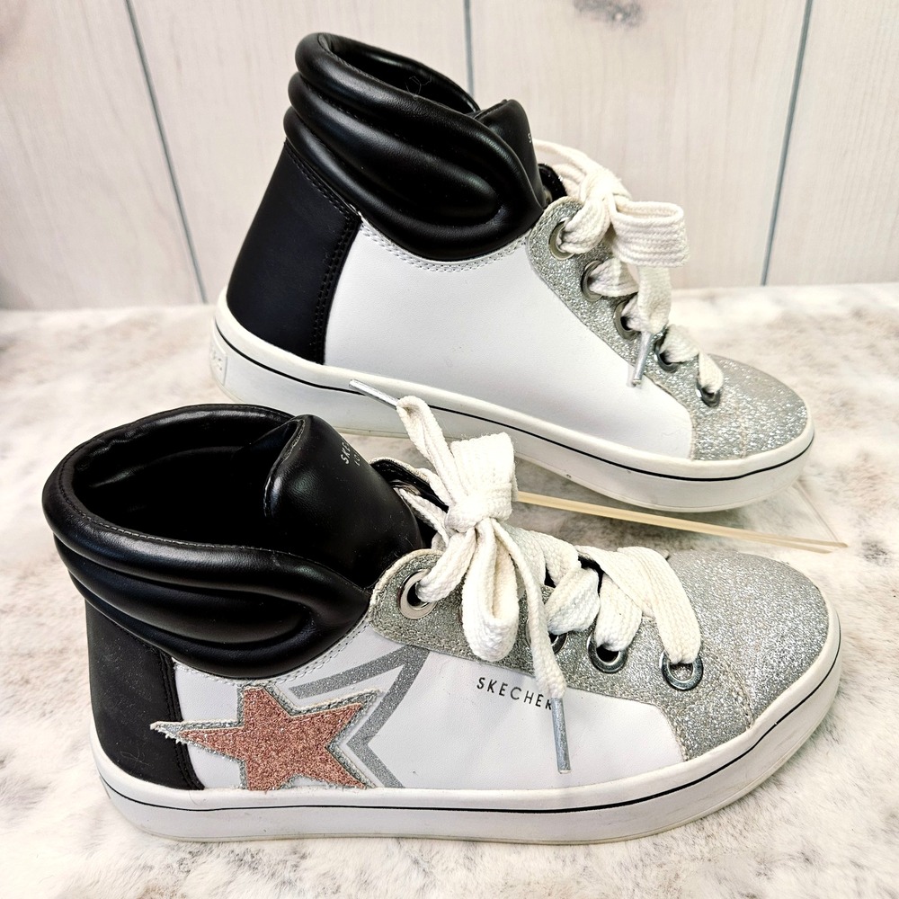 Skechers White Black Pink Glitter Star High Top Sneakers 8 Streetwear Sparkle